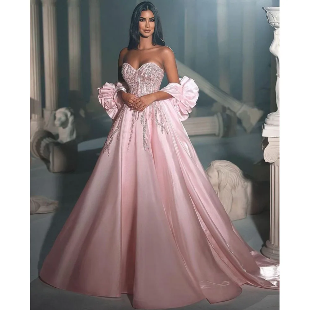 Exquisite Pink Women Prom Dresses Sweetheart Sleeveless A-Line Floor Length Shiny Sequin Princess Formal Evening Party Gowns