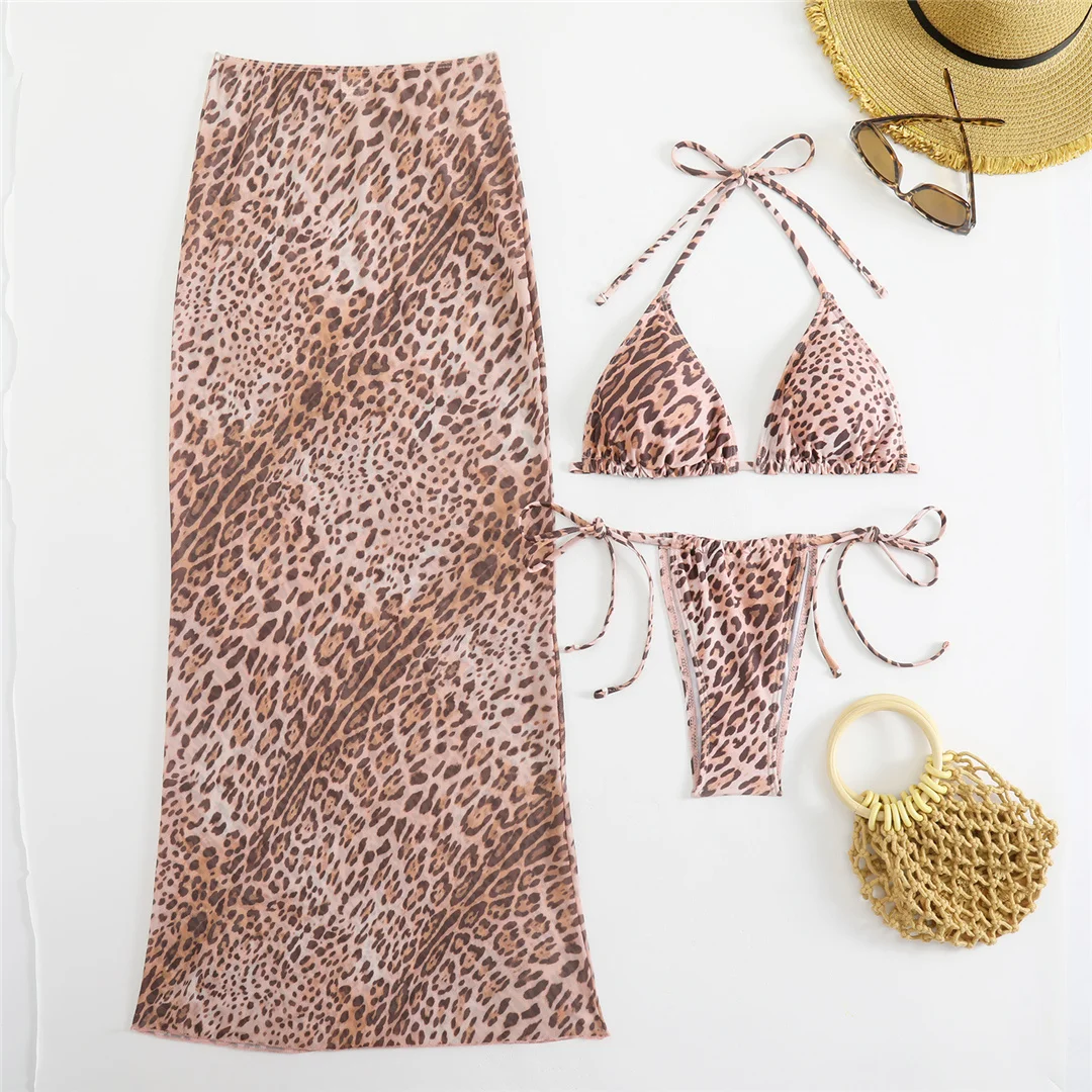 Leopard-Muster mit Rock, Neckholder-Bikini, Damen-Badebekleidung, dreiteiliges Bikini-Set, Badeanzug mit Trägern, Badeanzug, Schwimmbekleidung V7014 – Detail 7