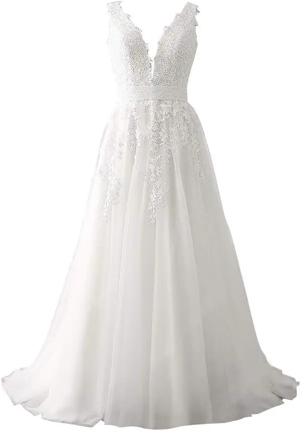 Women's Wedding Dress for Bride Lace Applique Evening Dress V Neck Straps Ball Gowns simple wedding white dress
