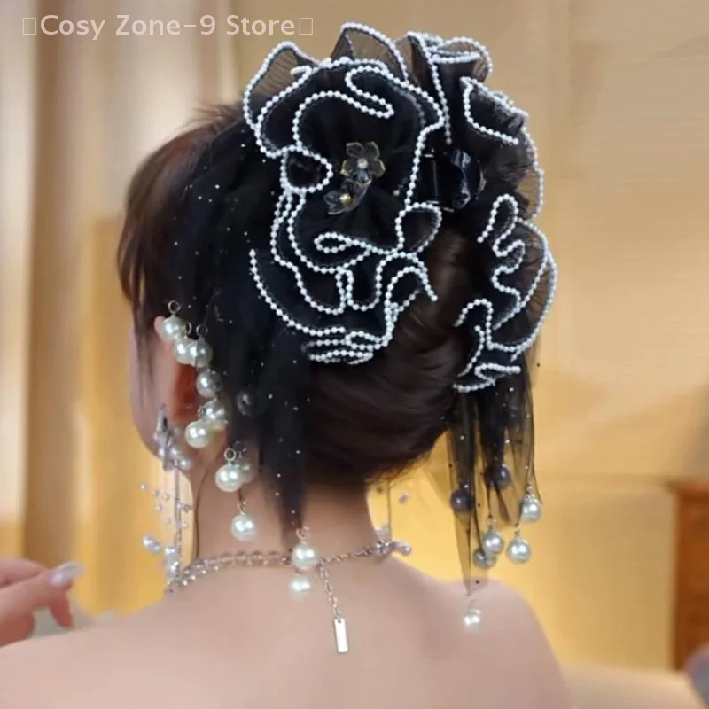Jepit Rambut Rumbai Mutiara Imitasi Cakar Rambut Bunga Jaring Jepit Rambut Ekor Kuda Serbaguna Kelas Atas untuk Aksesori Rambut Wanita