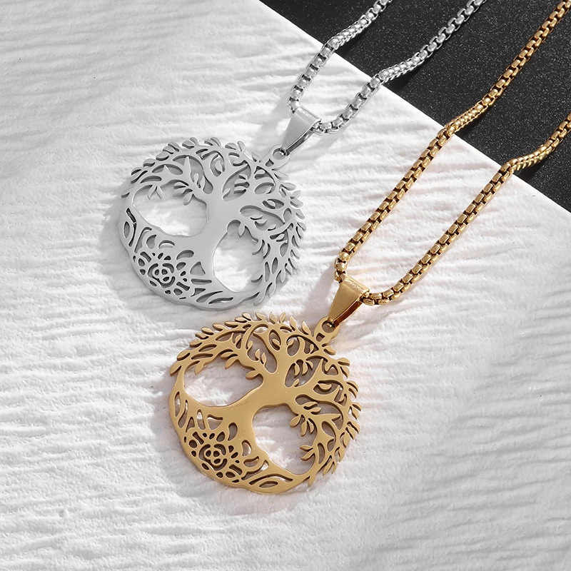 Stainless Steel Engraved Tree of Life Pendant Necklace for Men Women Fashionable Good Luck Amulet Jewelry Gift