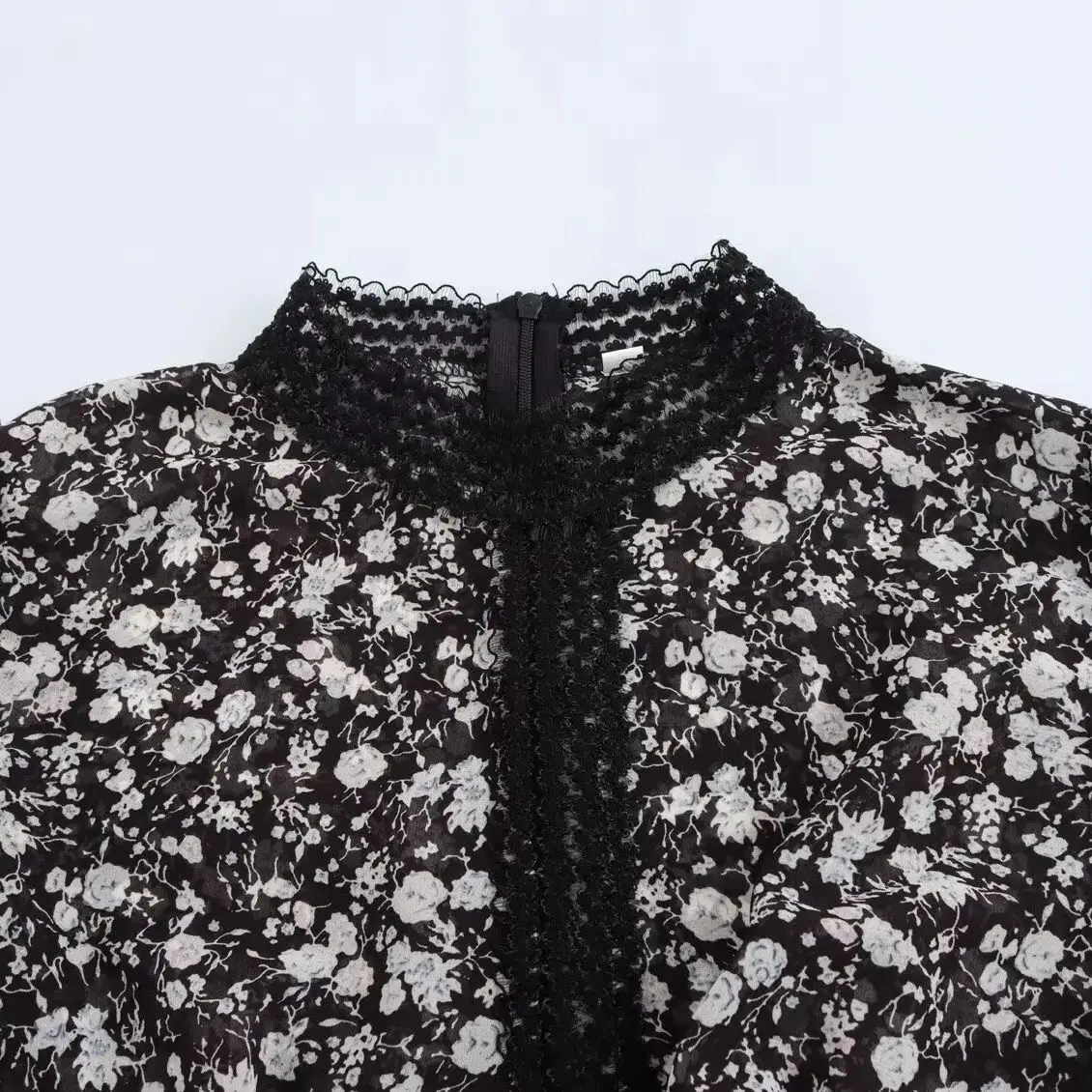 2025 خمر تقسم الدانتيل الأزهار طباعة نفخة الأكمام فستان قصير من الشيفون امرأة الخصر النحيف ألف خط هيم فساتين الصيف الصغيرة رداء #5