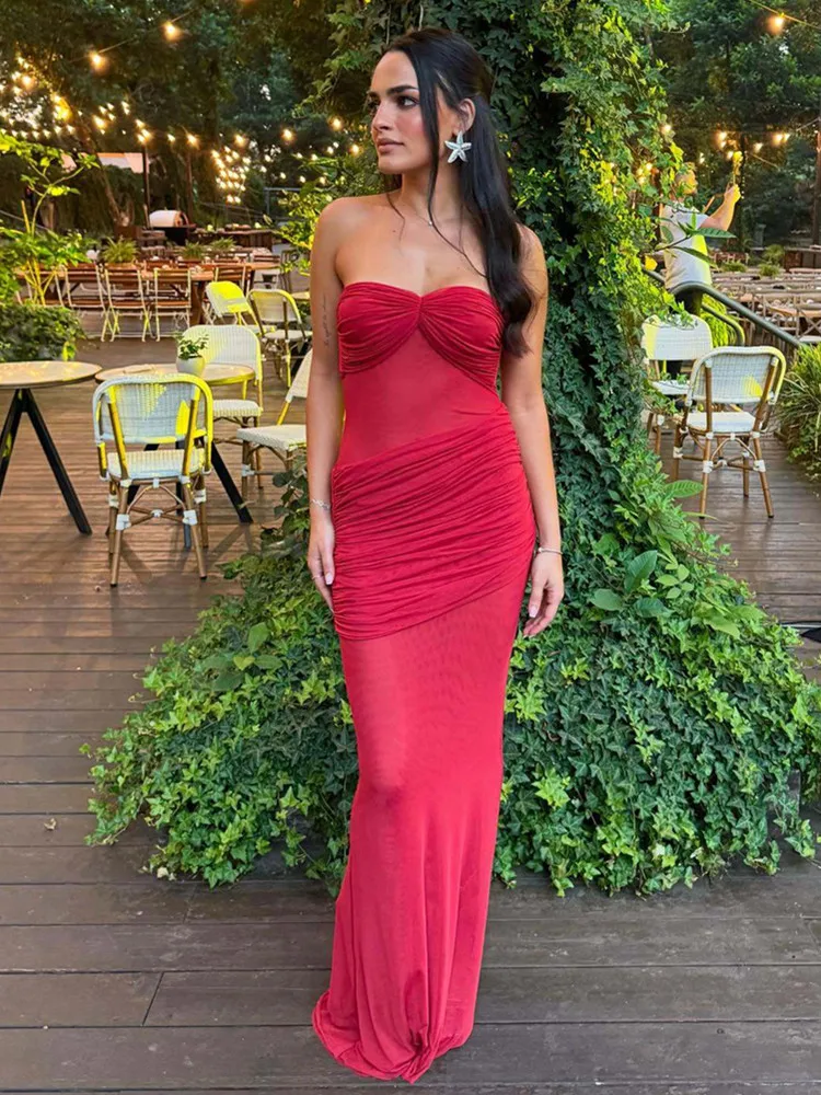 

2025 Women Celebrity Sexy Strapless Mesh Ruched Red Maxi Long Gowns Dress Elegant Evening Party Club Vestido
