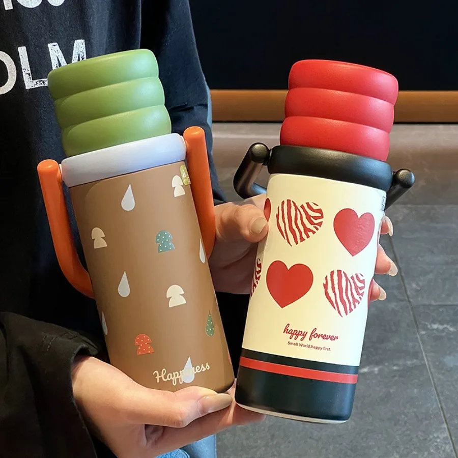 

Large-Capacity Insulated Cup for Women Stylish Stainless Steel Water Bottle with Handle Dual-Drinking Cup with Straw Cute Design