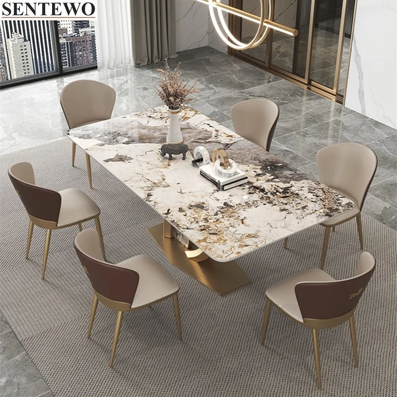 Luxury Rock Slab Kitchen Dining Tables And Dinner Chair Stainless Steel Gold Base Faux Marble Table Furniture Eettafel Comedor