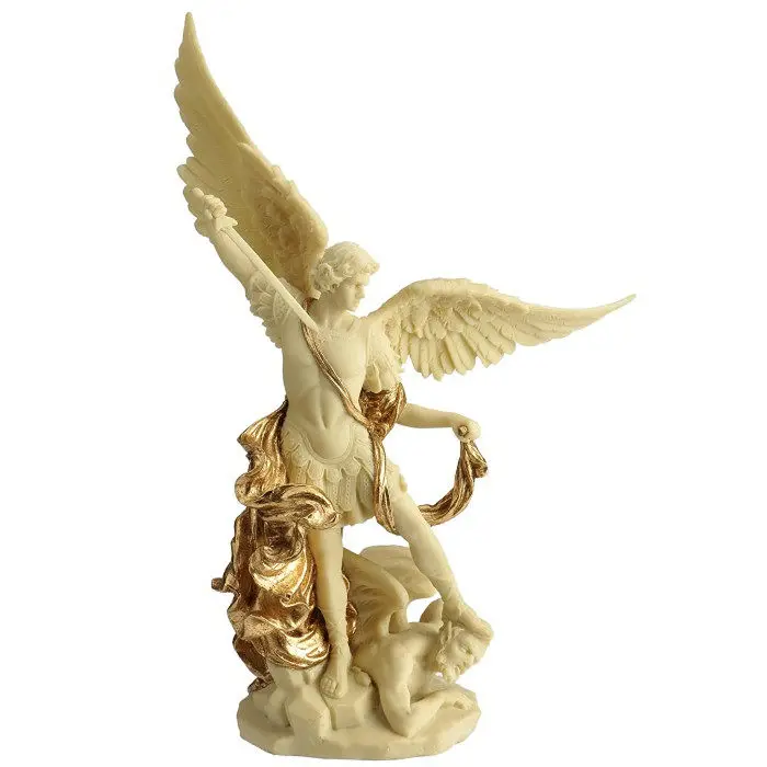 Saint Michael Archangel Resin Statue Gilded Angel Defeating Demon Sculpture European Religious Home Altar Decor Collectible Gift