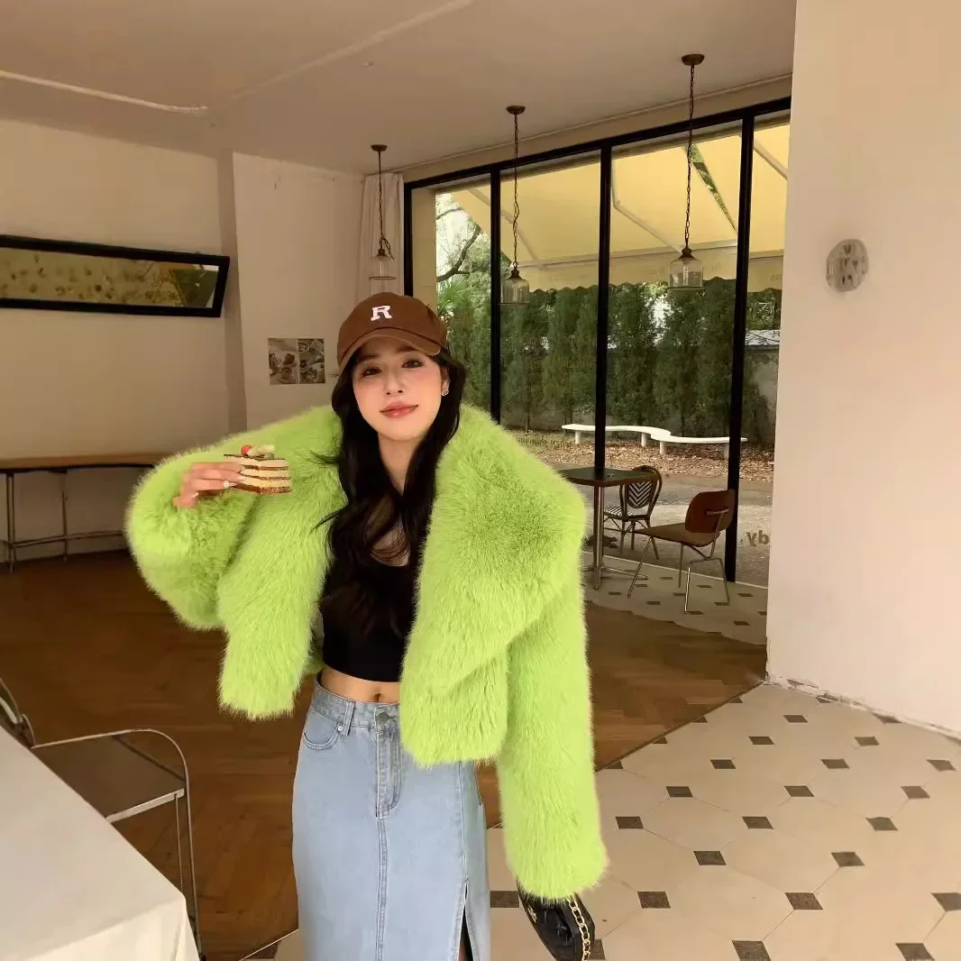 Fluorescent Green Environmentally Friendly Fox Fur Jacket Women Short Korean Fluffy Fur Warm Jacket for Women