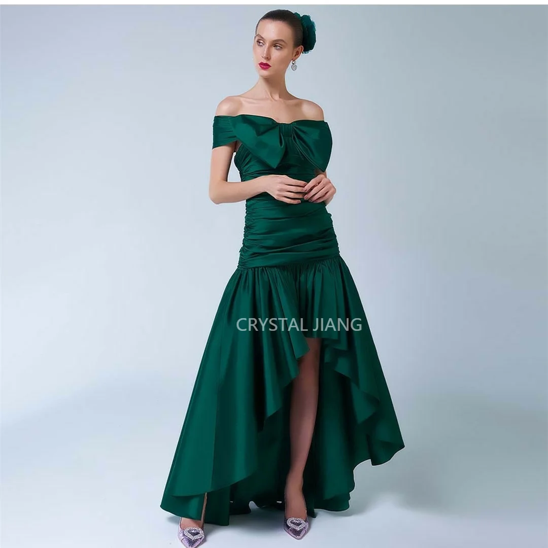 Short Green Off The Shoulder Satin Prom Dresses With Bow Hi-Lo Asymmetrical Ankle Length With Pleats فستان سهرة نسائي