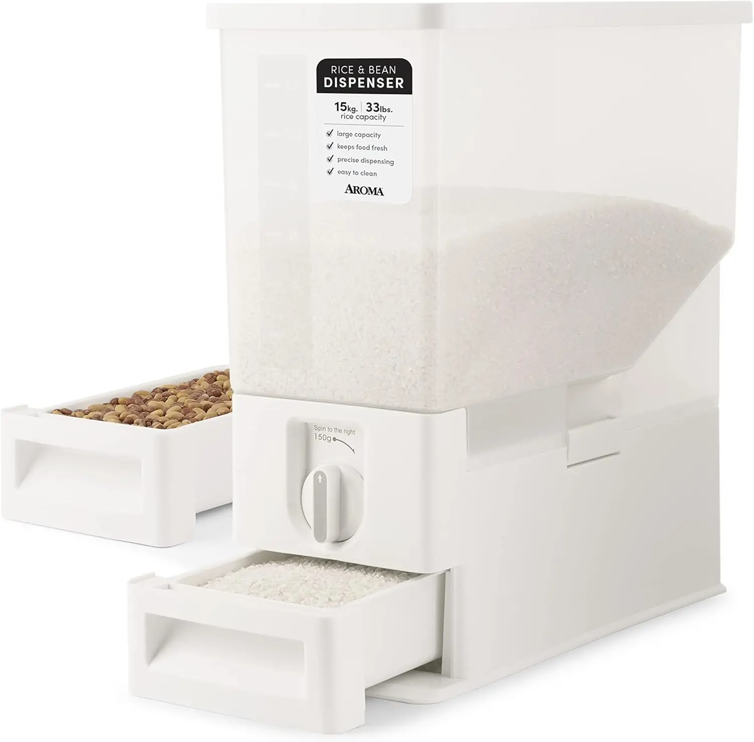 

Large 33-Pound Rice Dispenser with Auto-Measuring Funnel for Beans and Grains Storage