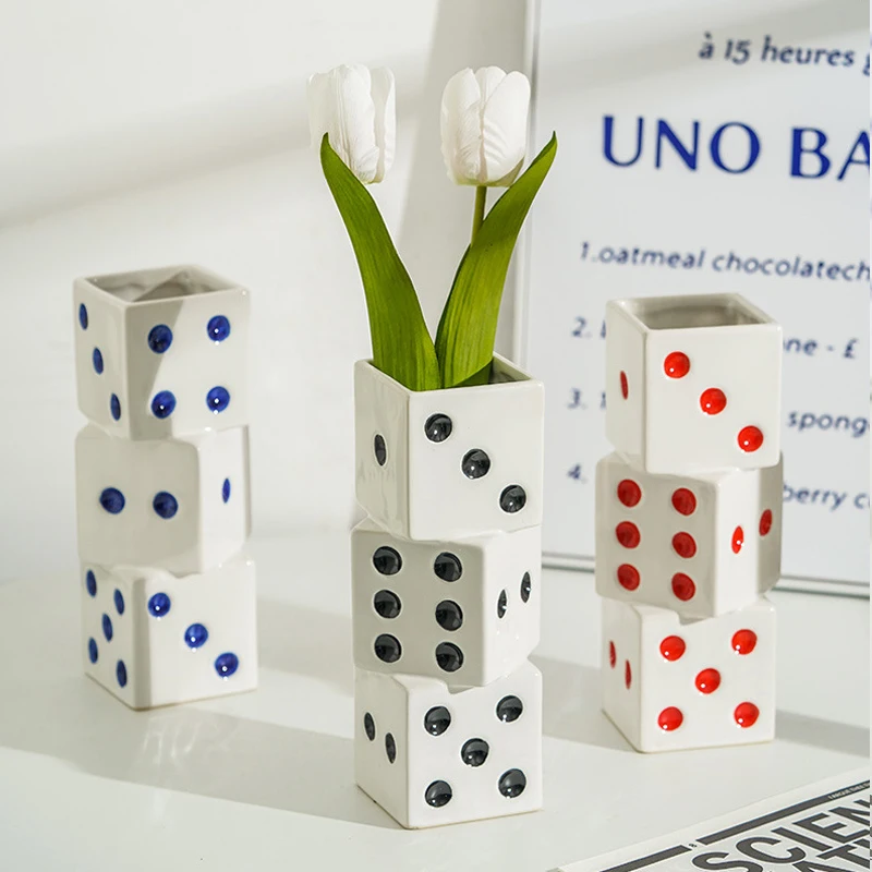 Creative Dice Ceramic Vase Flower Arrangement Light Luxury Ornaments Porch Living Room Decorations Table Decoration Vase