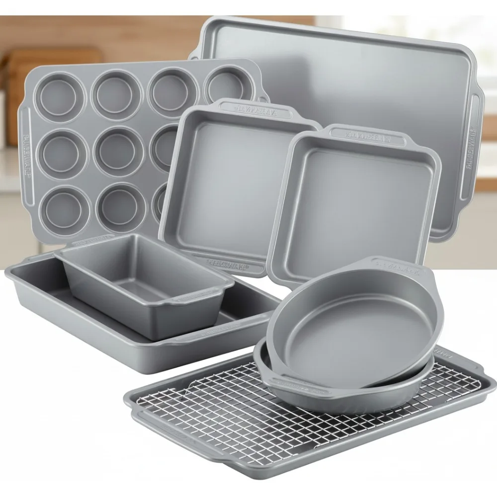 

10-Piece Nonstick Steel Bakeware Set with Cooling Rack, Baking Pans & Cookie Sheets for Easy Baking & Quick Cleanup