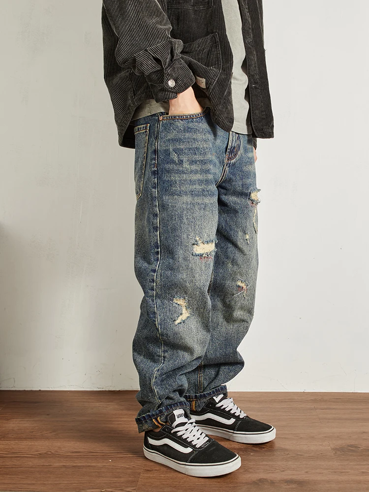 

Heavyweight Denim Men's Retro Japanese Sle Jeans Patchwork Loose Fit Hole Punching Straight Leg Trousers Faion Urban Casu...