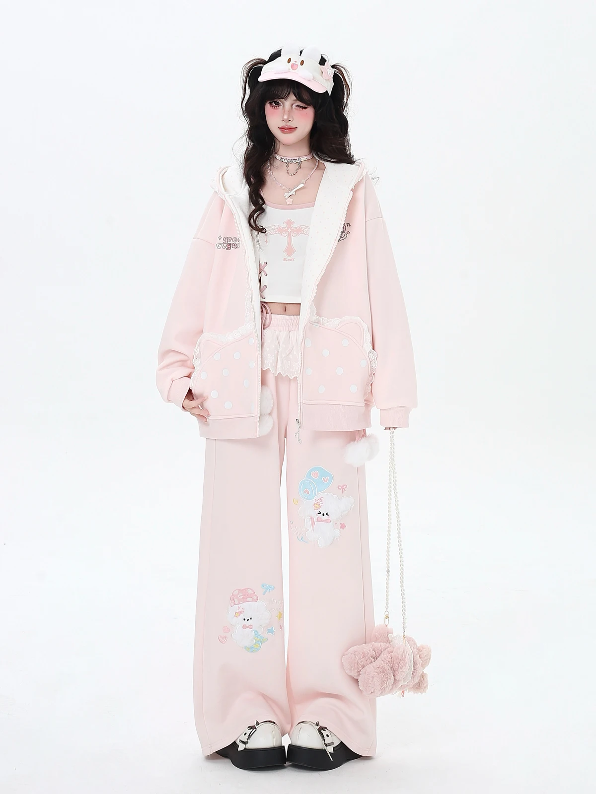 Cartoon Cat Embroidered Lace Patchwork Pocket Sweet Cute Bow Hooded Loose Casual Fleeced Sweatshirt Jacket for Women Autumn