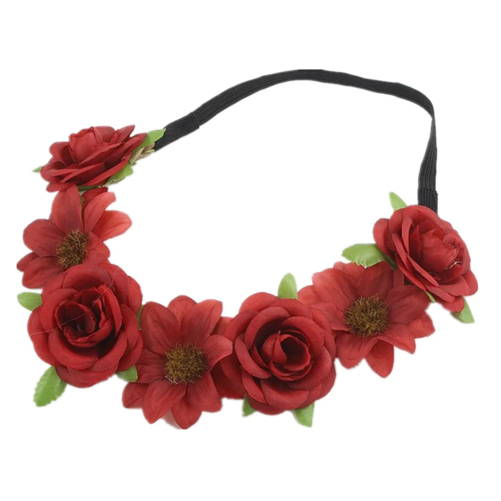 Bohemia Women Rose Flower Headband with Adjustable Ribbon Wreath Crown Floral Wedding Hair Garland for Activities Party Headwear