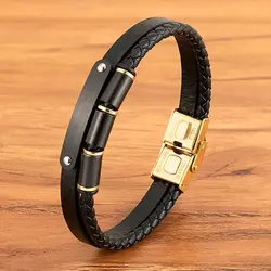 XQNI New Minimalist Men Rope Bracelet Double Layer Leather Bracelet Homme Stainless Steel Accessories Boyfriend Jewelry Gift