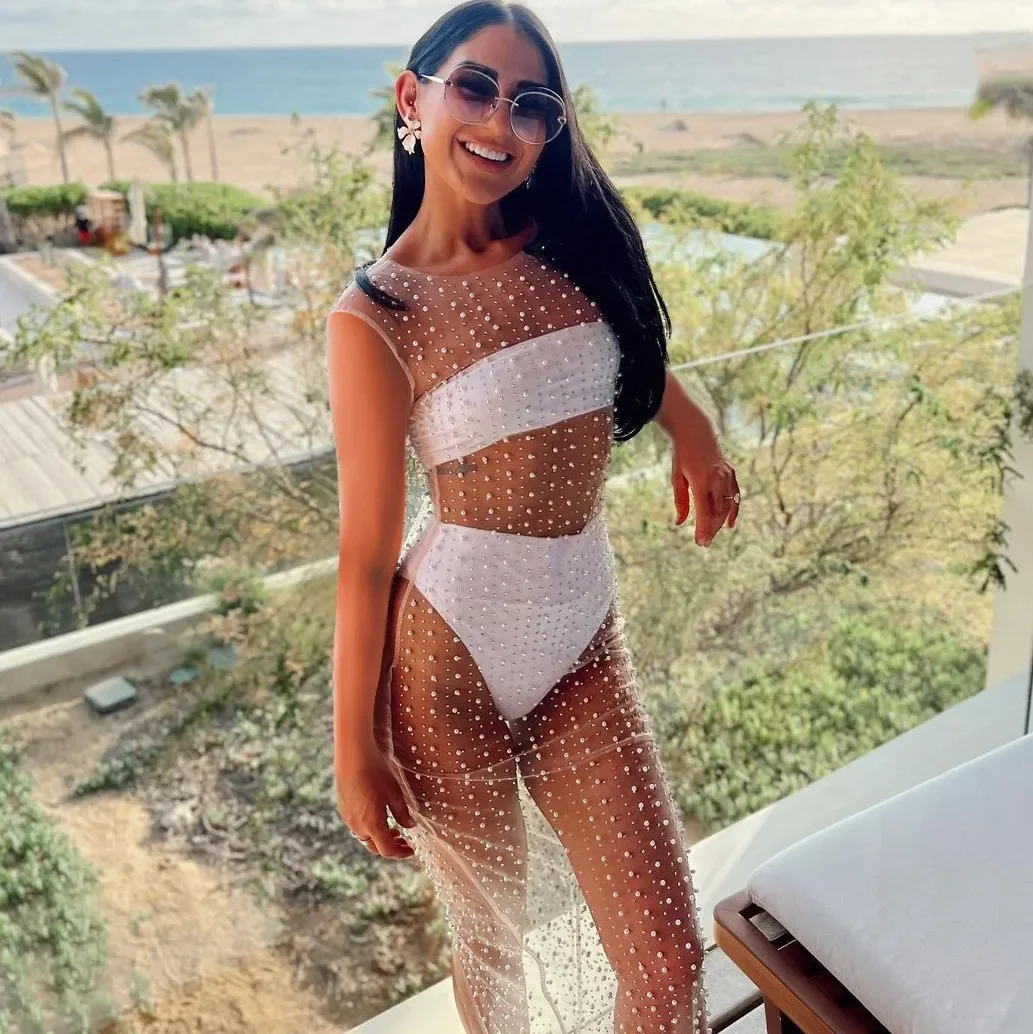 Copricostume da donna in rete trasparente con strass perlati, costume da bagno estivo sexy da spiaggia, bikini