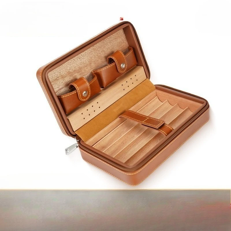 Cedar cigar box, leather portable outdoor cigar storage bag, moisturized wooden box