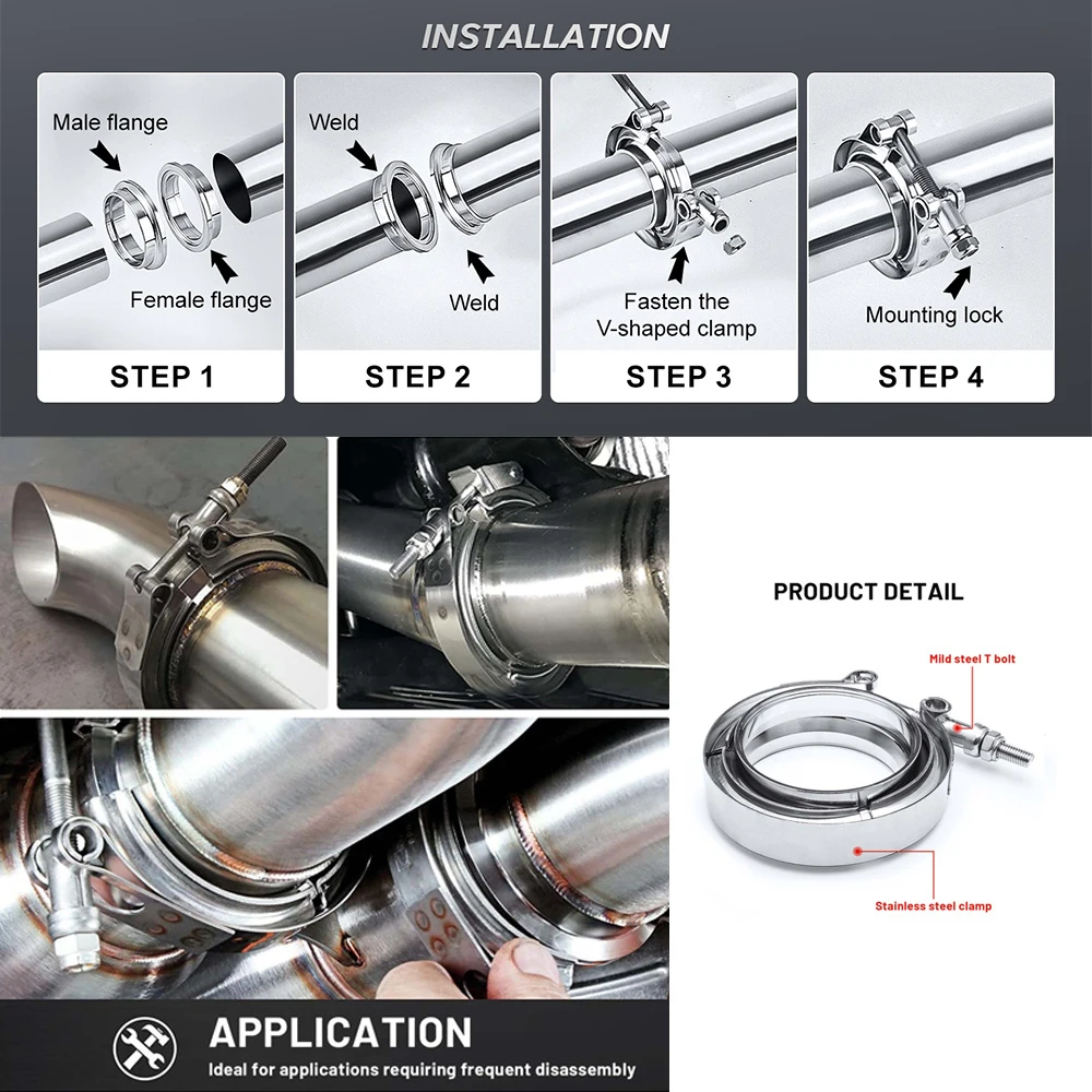 304 Stainless Steel V Band Clamp Kit Male Female Flange, Quick Release Exhaust Pipe Connector for Turbo Downpipe