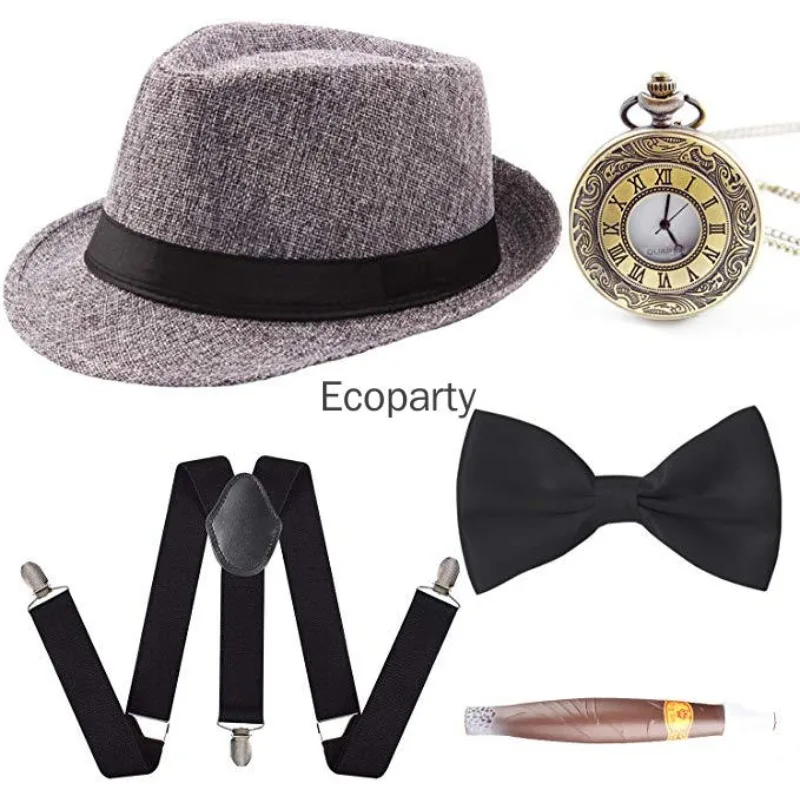 Akcesoria męskie z lat 20. Zestaw akcesoriów do kostiumu gangstera w stylu lat 20. z motywem Gatsby'ego, zestaw z kapeluszem panama, kostium z lat 20. w stylu Roaring 20s, kostium kowbojski na imprezę.