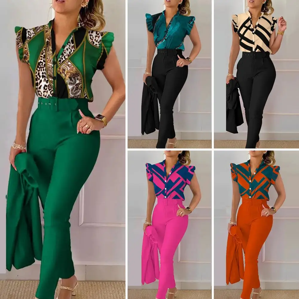 

Spring Summer Women's New Printed Lotus Leaf Sleeveless Shirt Suit Slim Femal Office Solid Color Long Pants Belt Two Piece Set