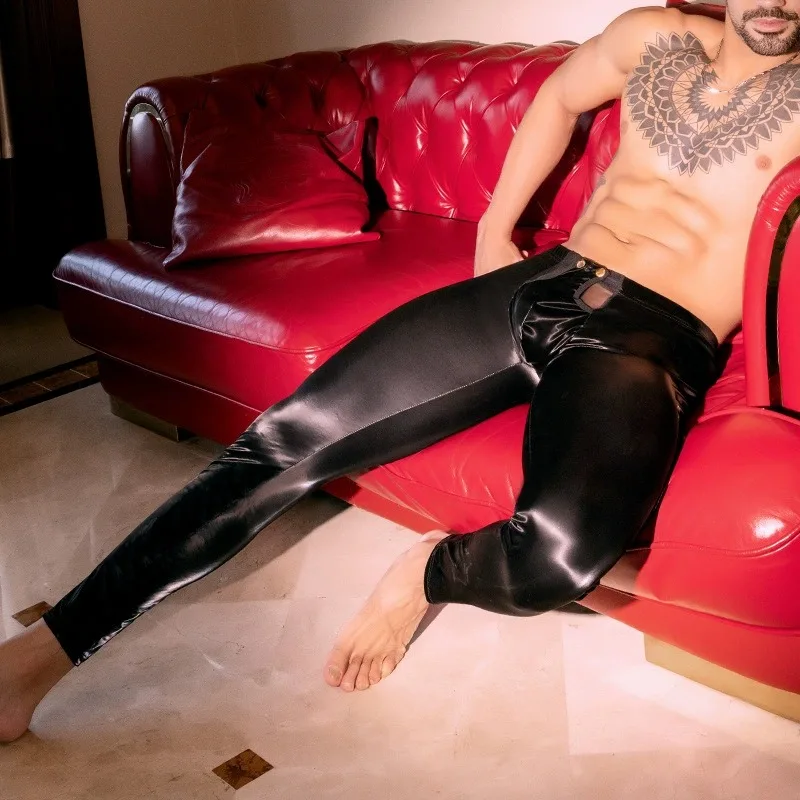 

Men's Sexy Faux Leather Pants Matte Shiny Open Crotch Soft Pencil Pants Tight Hollow Out Hip Fashion Black Leggings for Gay