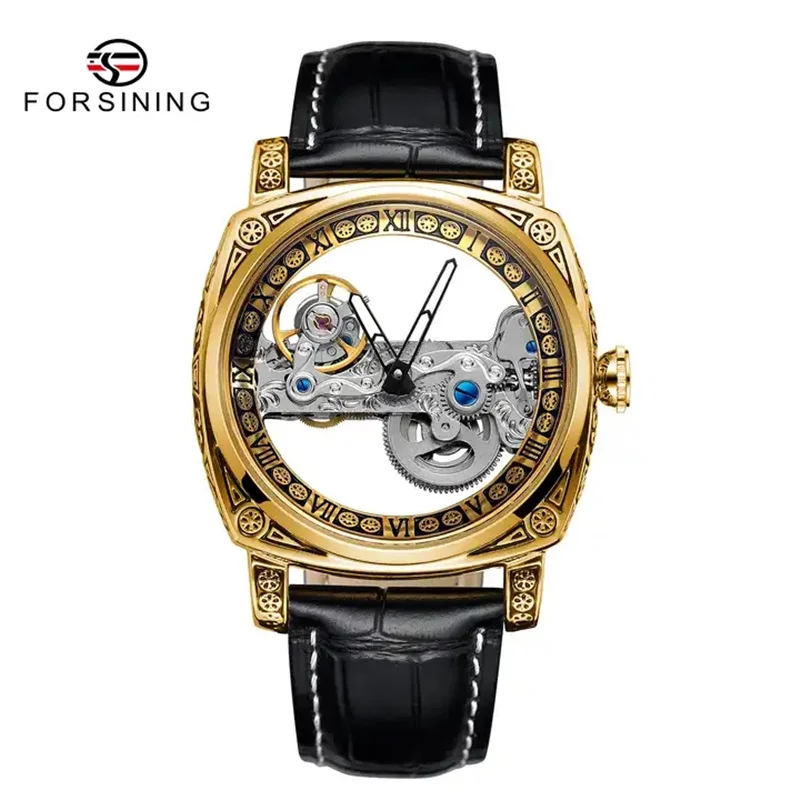 FORSINING 403D orologio da uomo automatico in argento dorato orologio da polso intagliato con scheletro meccanico cassa trasparente orologi da uomo di lusso