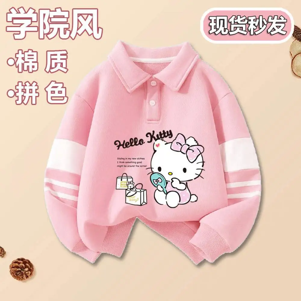

Hellokitty Cartoon Kuromi Children Girls Tops Kawaii Sanrio Anime Cute Student Printed Fashion Tops Lapel New College Style Gift