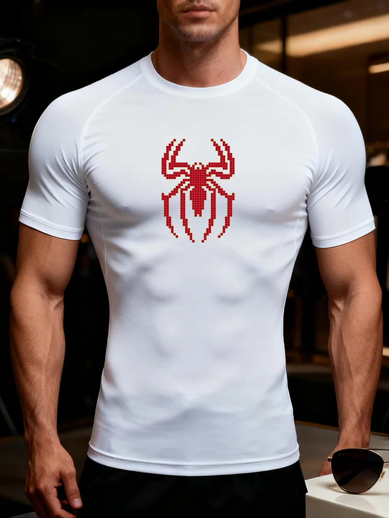 Men's Pixel Spider Print compression running T-shirt fitness tight short sleeved T-shirt training shirt gym sportswear quick dry