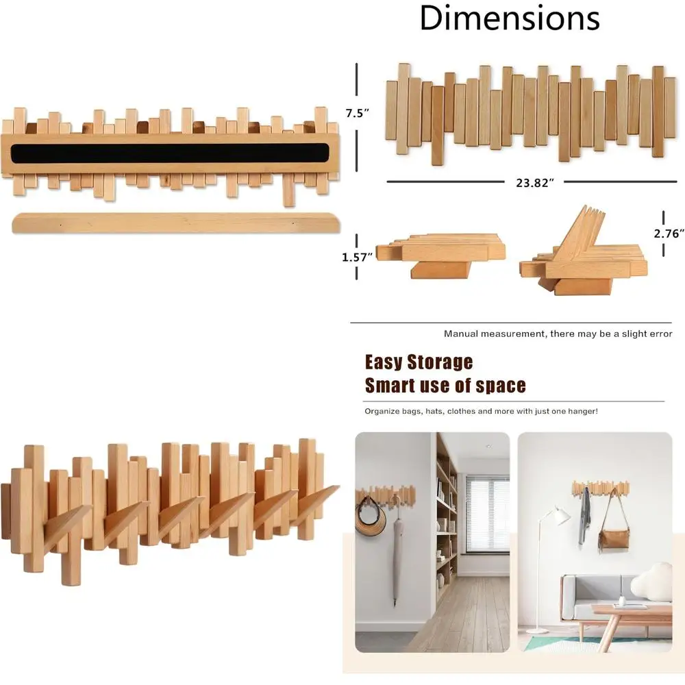 

Handcrafted Wooden Wall-Mounted Coat Rack with 6 Unique Hooks for Coats, Bags, Hats, and Umbrellas