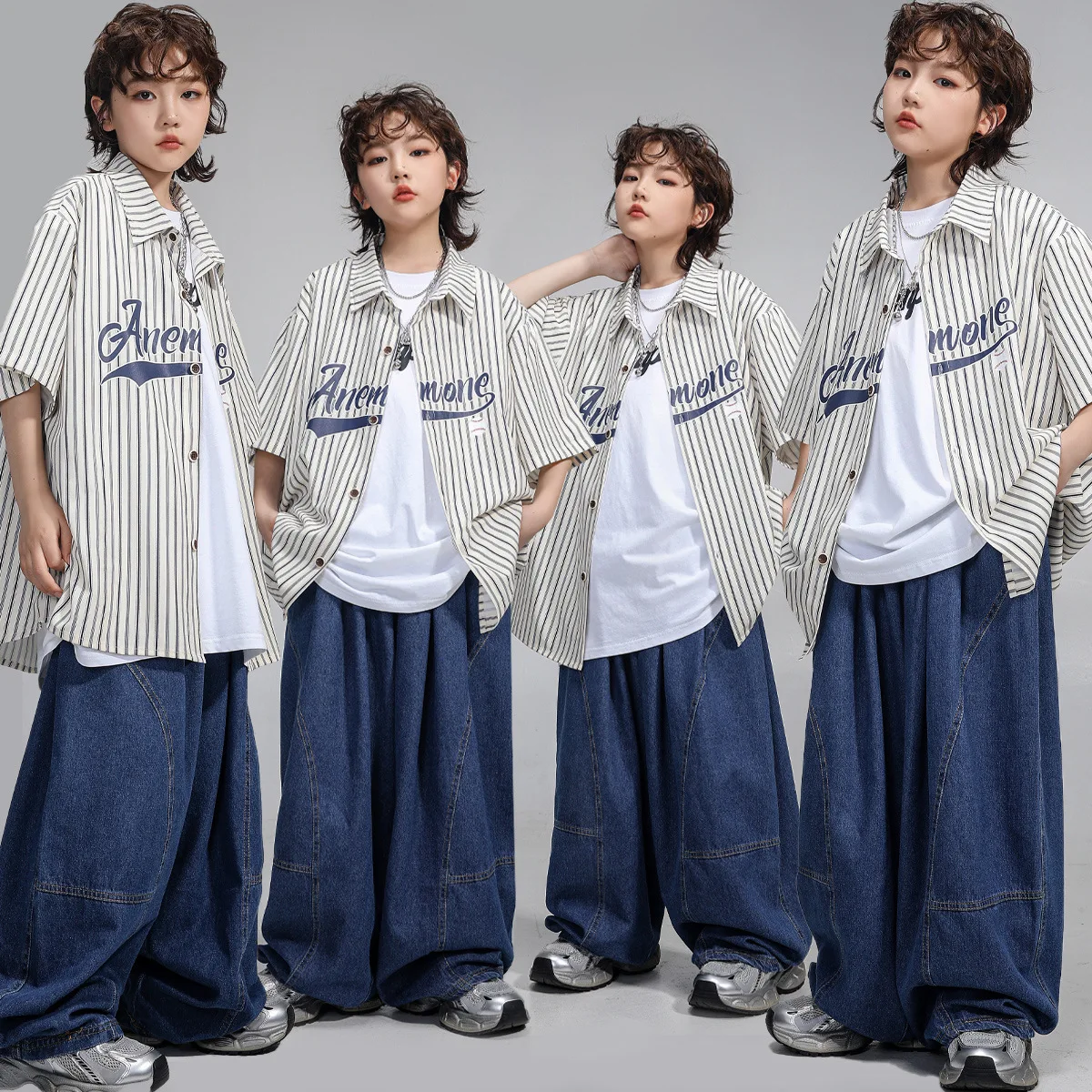 طفل Kpop الهيب هوب الملابس مخطط قصيرة الأكمام قميص الدنيم الأزرق عادية فضفاض الجينز السراويل لفتاة صبي ملابس رقص الجاز الملابس