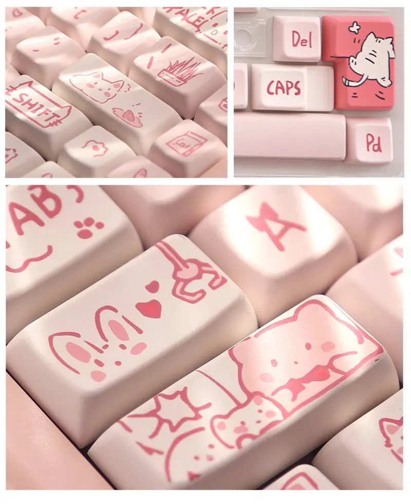 Imagem -04 - Cute Cat Anime Keycaps Caps de Teclado Mecânico Perfil Mda Pbt Miau Rosa Gatinho dos Desenhos Animados 66 Chaves 146 Chaves