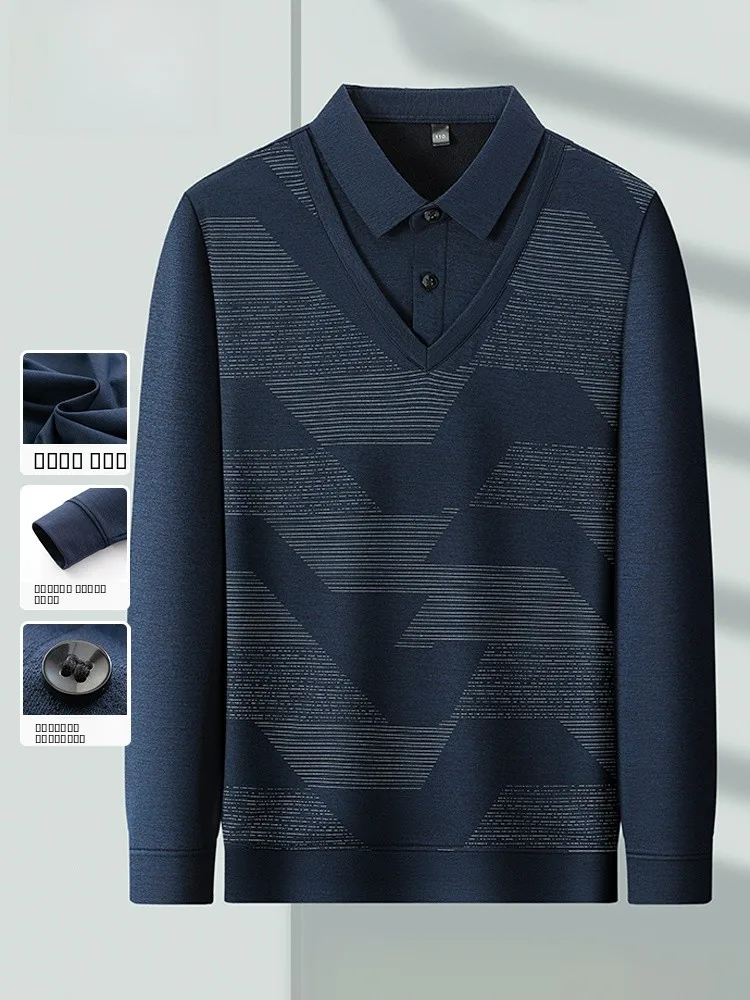 

Middle-Aged Men's Long Sve T-irt Dad Clothes Base irt Top Casual Knitted Polyester Fiber Anti-Wrinkle Comfortable