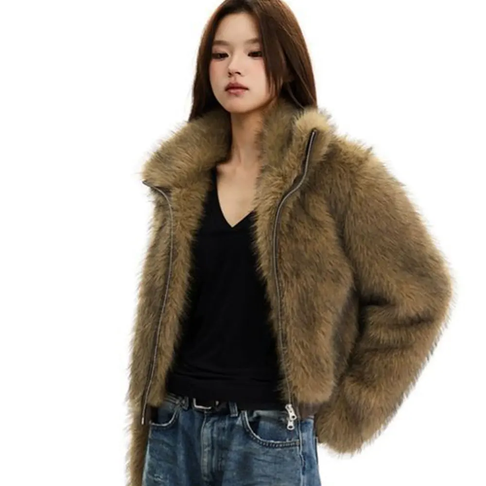 Zipper Short Faux Fox Fur Coat Women Winter Fluffy Jacket Long Sleeves Artificial Plush Fur Coat Furry Outerwear 2025
