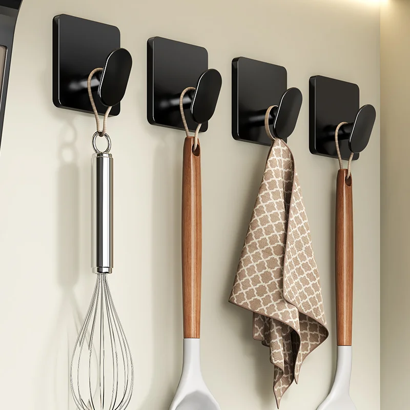 4pcs No-Drill Bathrobe and Towel Hooks, Simple Black Wall Hooks, Easy to Install, Suitable for Kitchen, Bathroom, Shower, Keys