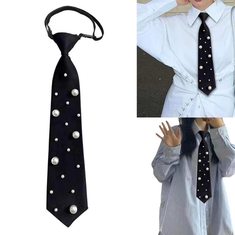 Adjustable Pearls Embellished Necktie For Women Polyester Fabric Campus Student Pre Tied Tie for Office and Party