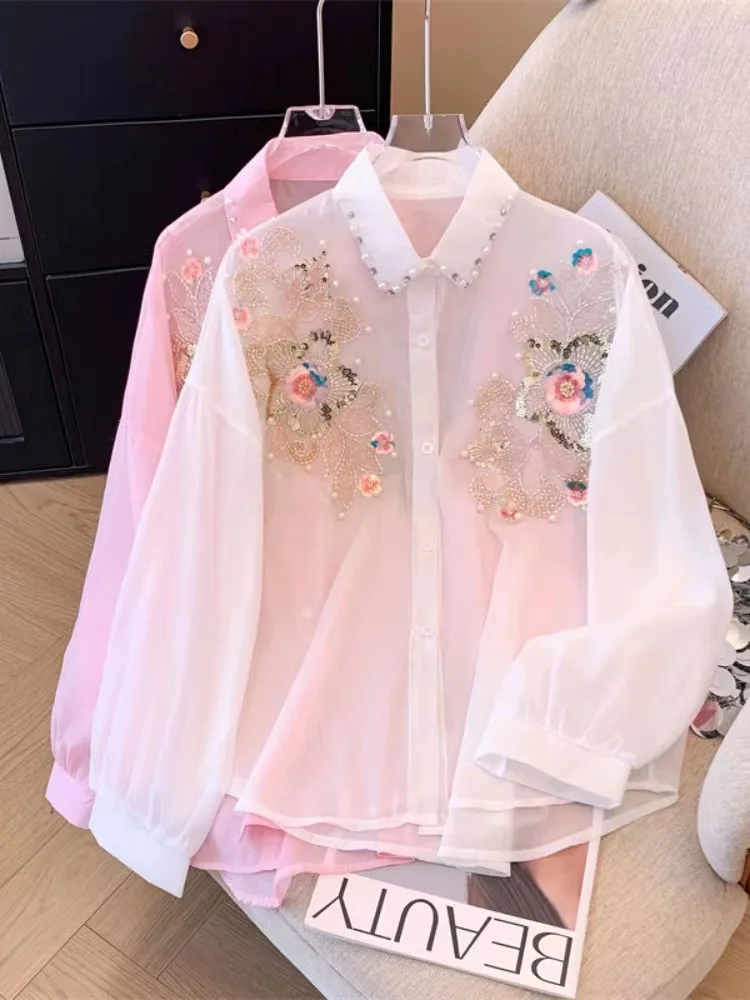 Beaded Collar Flowers Embroidery Long-Sleeved Single-Breasted Top for Women 2024 Summer Thin Sunscreen Shirts Blouses