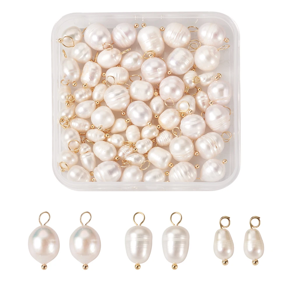 60Pcs Natural Cultured Freshwater White Pearl Charms Rice Shape Golden Color Pendants for Earring Choker Necklace Jewelry Making