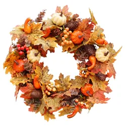 Autumn Door Wreath Christmas Halloween Decoration Pumpkin Berry Pine Cone Maple Artificial Wreath Cloth Rattan Material Home