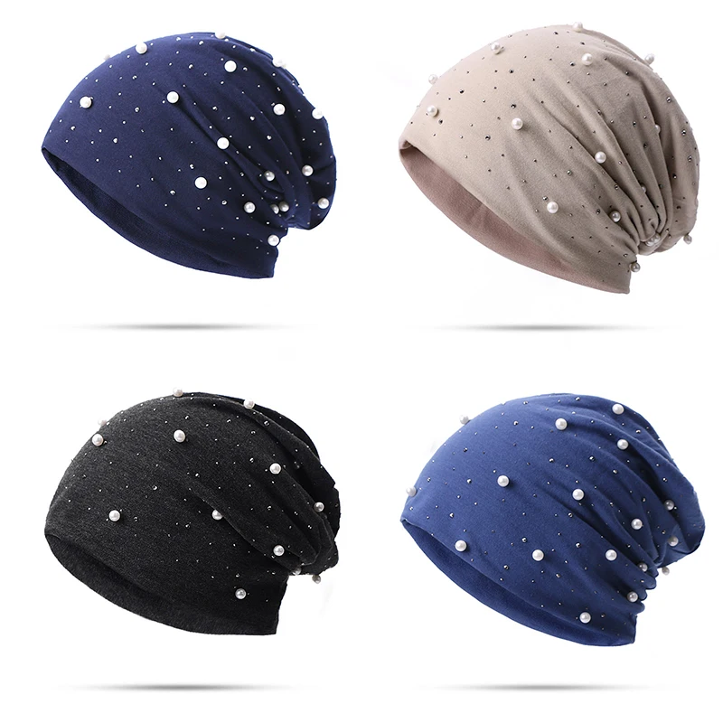 Autumn Winter Warm Baggy Slouchy Beanie Hat For Lady Female Rhinestone Pearl Soft Fordable Skullcaps Casual Turban Bonnet Hat