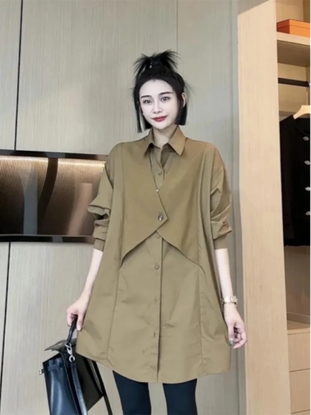 

plus Size Women's Casual Shirt Vest Loose Meat Concealing Leisure Shirt Trendy Button up Long Sleeve Henry Collar Korean Style