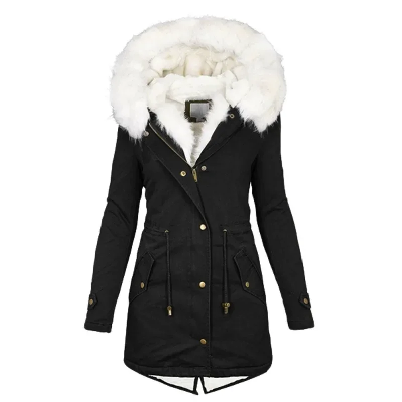 2023 New Autumn and Winter Mid length Windbreaker White Fur Collar Hooded Warm Plush Women's Coat Women's Windproof Coat
