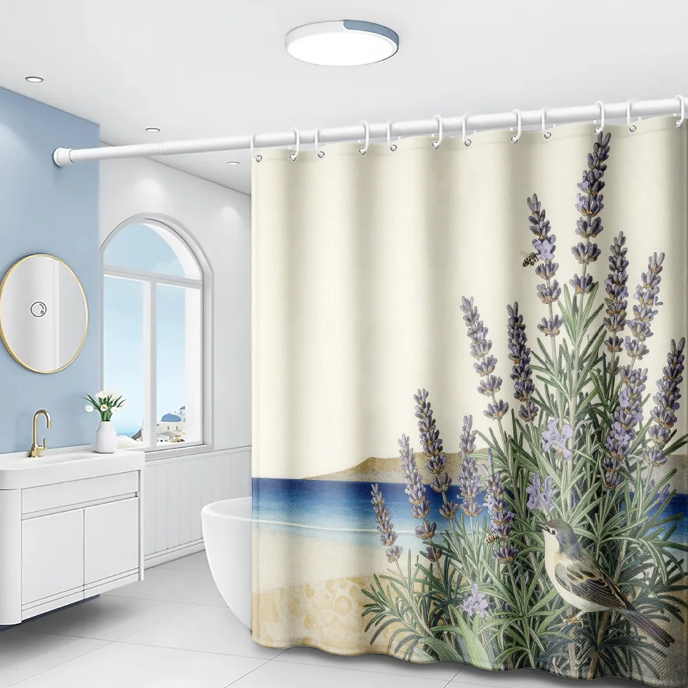 1pc Seaside Lavender Field with Small Birds Natural Scenery Print Shower Curtain, Bathroom Home Decor, Includes Plastic Hooks, S
