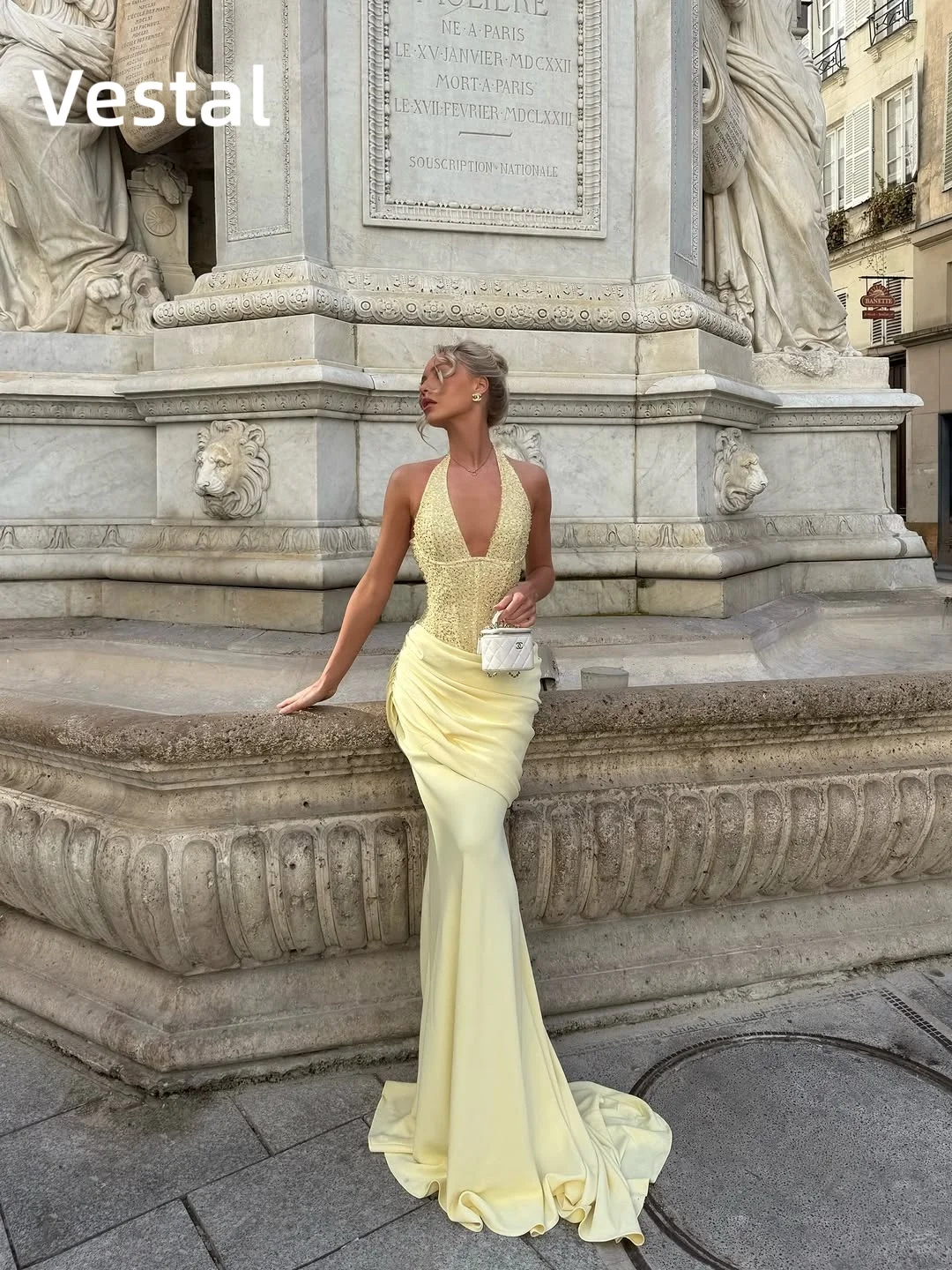

Yellow Deep V Neck Corset Prom Dress Halter Beaded Formal Evening Party Gown Customized