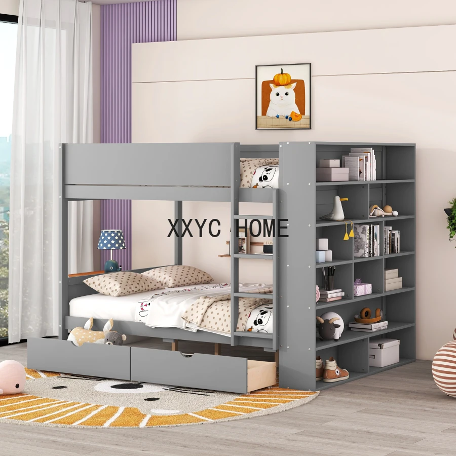 

Full over Full Bunk Bed With 2 Drawers,Guardrail and Multi-layer Cabinet,Multifunctional bed suitable for Kids Teens bedroom