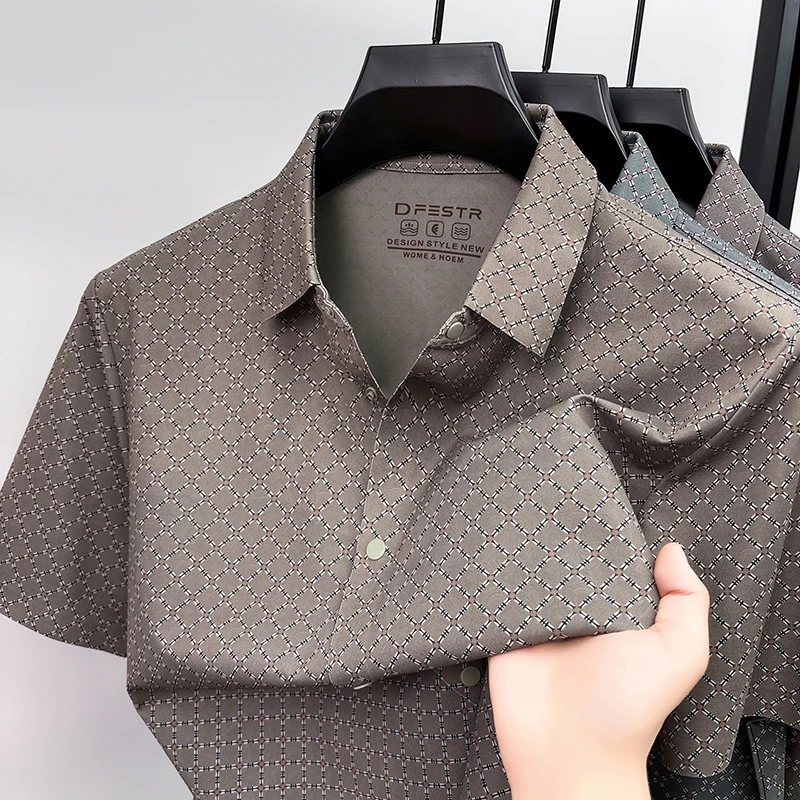 Personalized plaid printed short sleeve men's shirt luxury high-end new fashion ice silk breathable comfort casual summer top