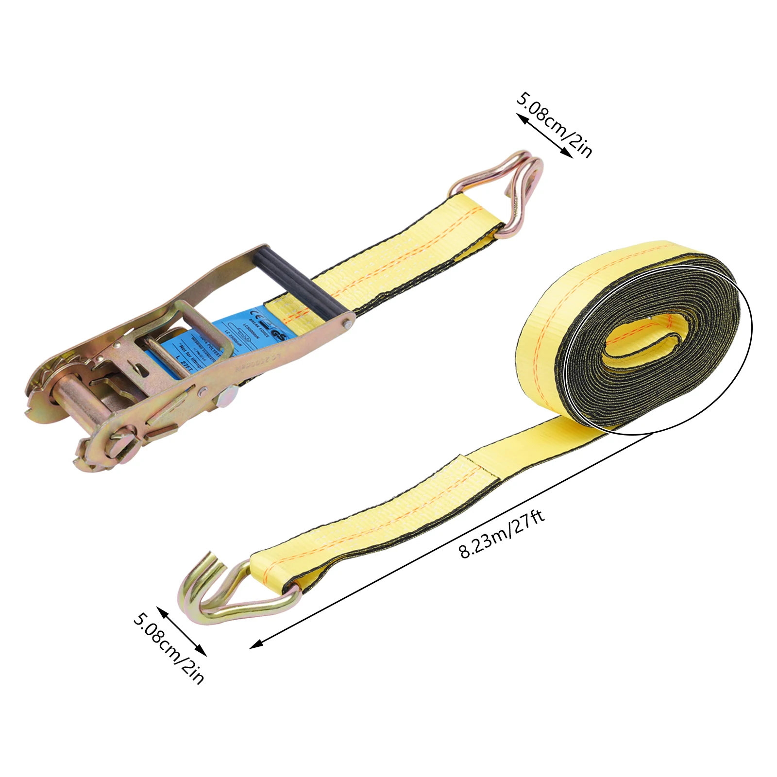Ratchet Tie Down Strap Set, 4 Pieces Yellow Polyester Cargo Lashing Webbing 2Inch Width 27Ft Length Double Galvanized J Hook 5500Lbs Working Load Plastic Safety Release Lever For Truck Trailer Marine Cargo Fixing