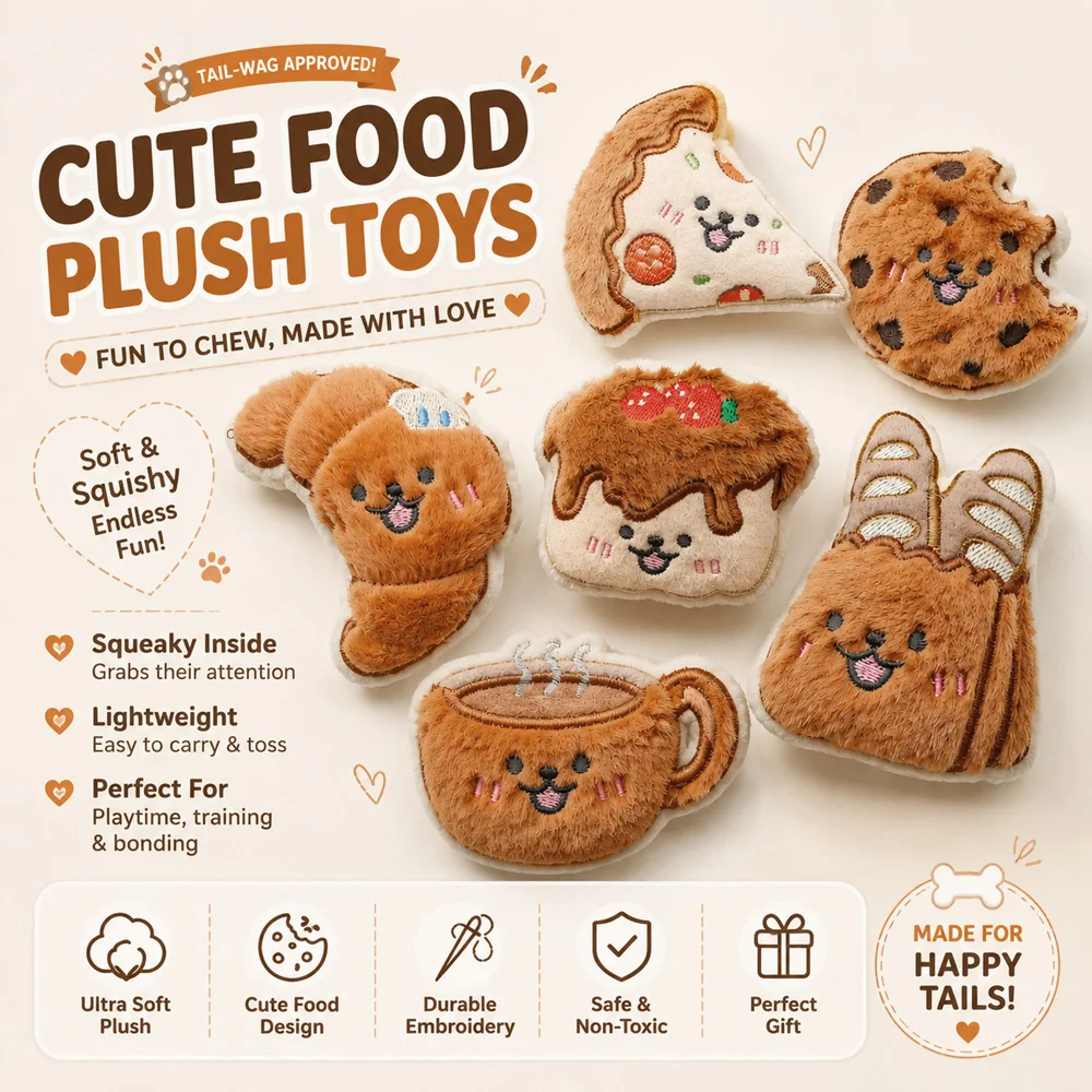 Juguetes de Peluche con Forma de Comida para Perros, con Sonido, Juego de Juguetes Masticables Suaves e Interactivos para Perros Pequeños y Cachorros, Pizza, Croissant, Galleta, Pan