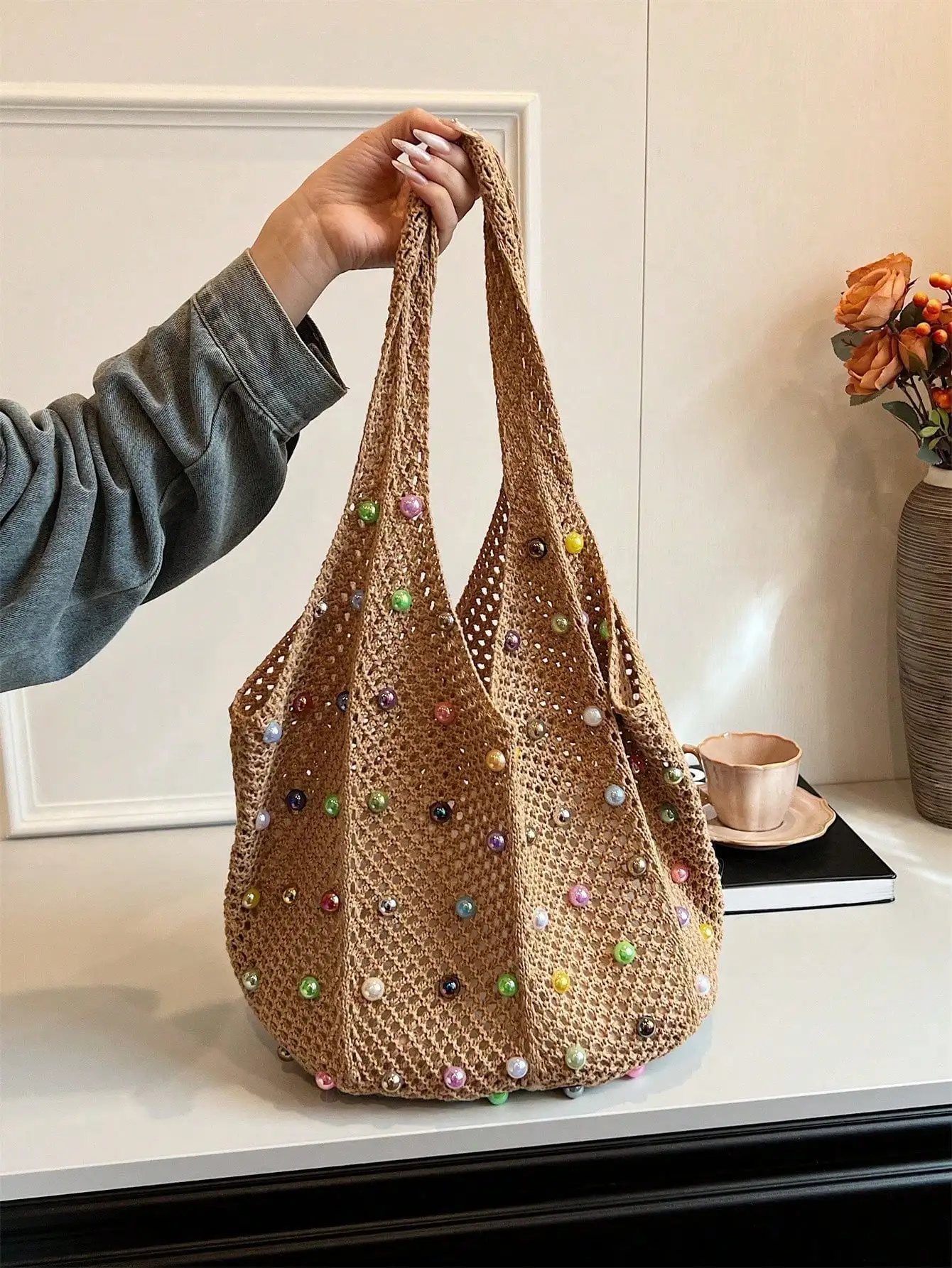 

Japanese hand-knitted handbags, hollow woven handbags, large-capacity casual crossbody bags, multi-way carrying women's bags