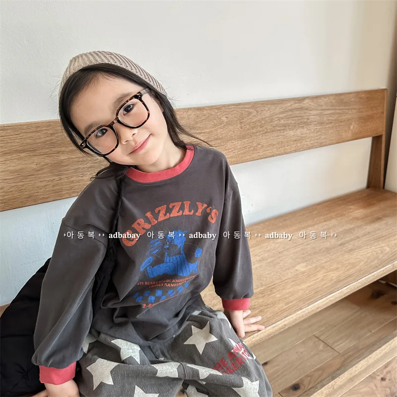 2024 Autumn New Children Long Sleeve T Shirts Fashion Cartoon Letter Print Girls T Shirts Kids Bottoming Tops Cotton Boys Shirts