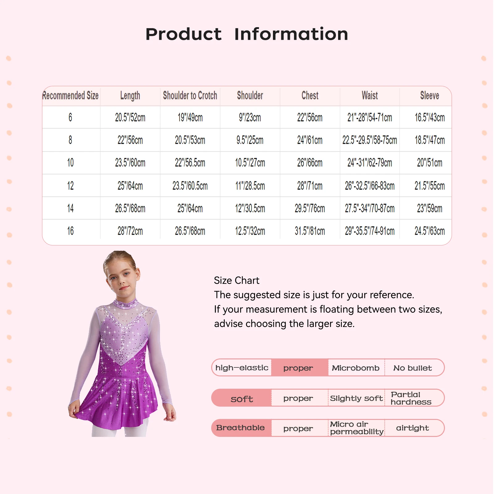 Kids Girls Figure Skating Dance Dress Ballet Lyrical Princess Costume Long Sleeve Color Block Mesh Rhinestones Leotard Dress